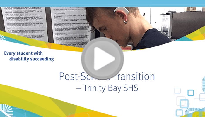 Photo of a student wearing a hearing aid reading with text 'Every student with disability succeeding: Post-school transition – Trinity Bay SHS'
