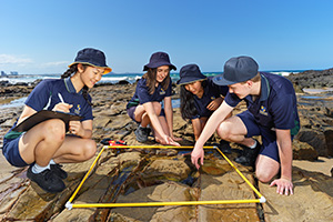 Four teenage students kneeling on a rocky shore in front of a quadrant sampling square.