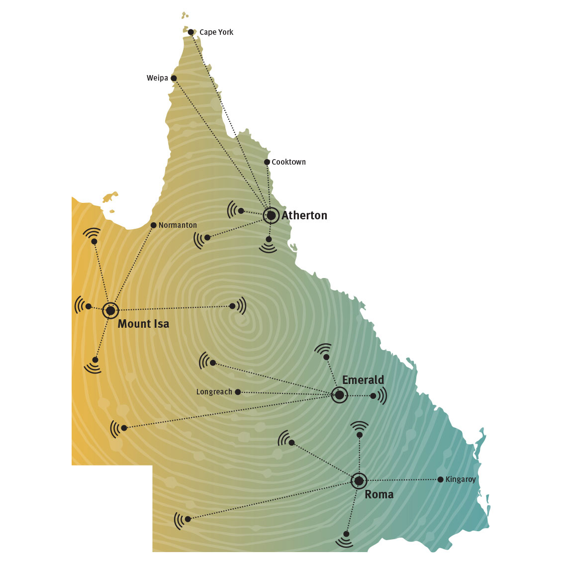 Map of Queensland displaying Centre for Learning and Wellbeing locations