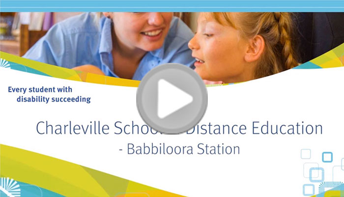 Photo of a teacher talking to a student with text 'Every student with disability succeeding: Charleville School of Distance Education – Babbiloora Station'