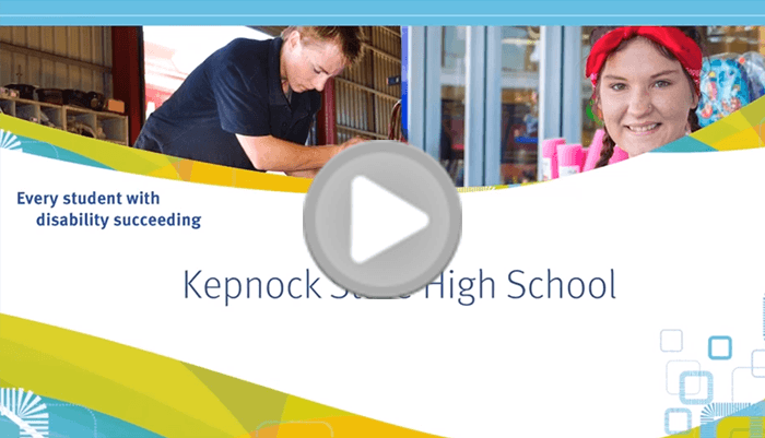 Photo of a student smiling and a trainee working at the background with text 'Every student with disability succeeding: Kepnock State High School'