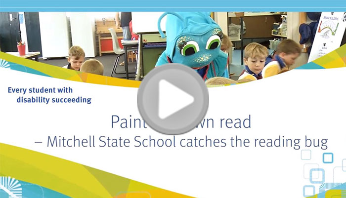 Photo of a reading bug character visiting a group of children with text 'Every student with disability succeeding: Paint the town read – Mitchell State School catches the reading bug'